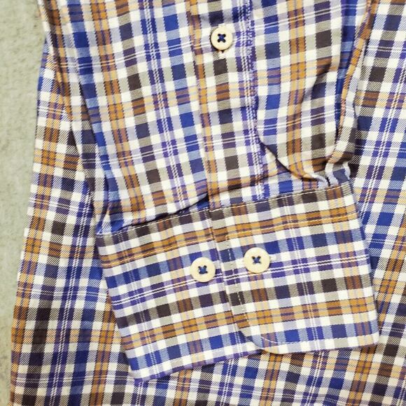 Peter Millar Shirt Mens Large Tan Blue Plaid Lightweight Collared Button Down - Picture 5 of 10